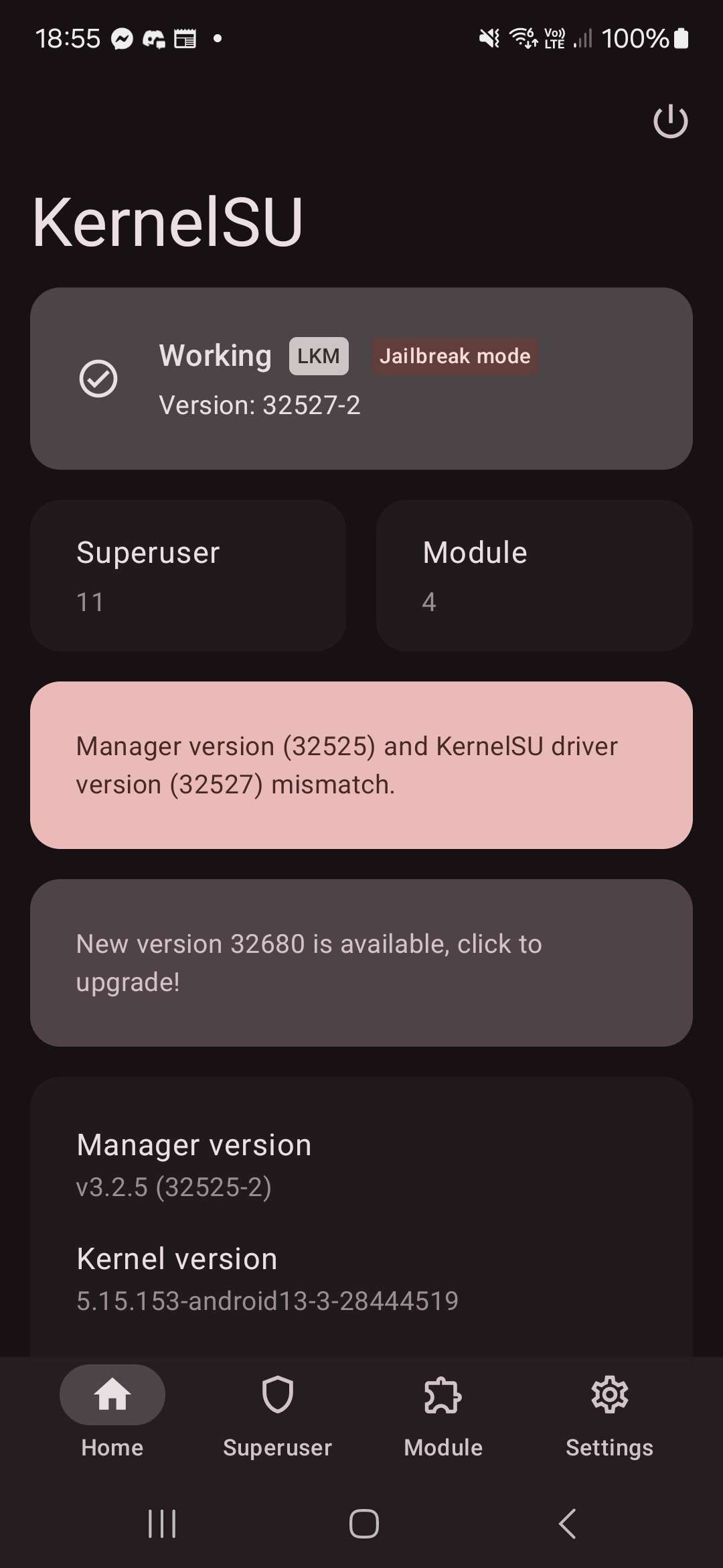 KernelSU Manager reporting Working in LKM jailbreak mode, with the manager and driver version mismatch notice visible