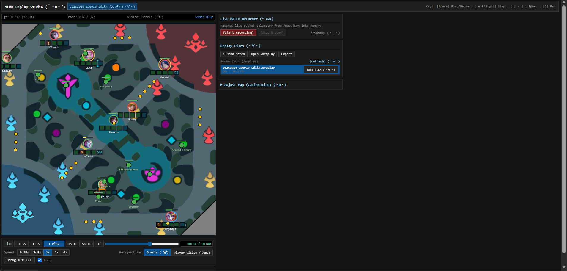 MLBB Replay Studio with a recorded match loaded, hero and jungle markers on a map, the timeline at 00:37, and playback, speed, perspective, and replay-file controls