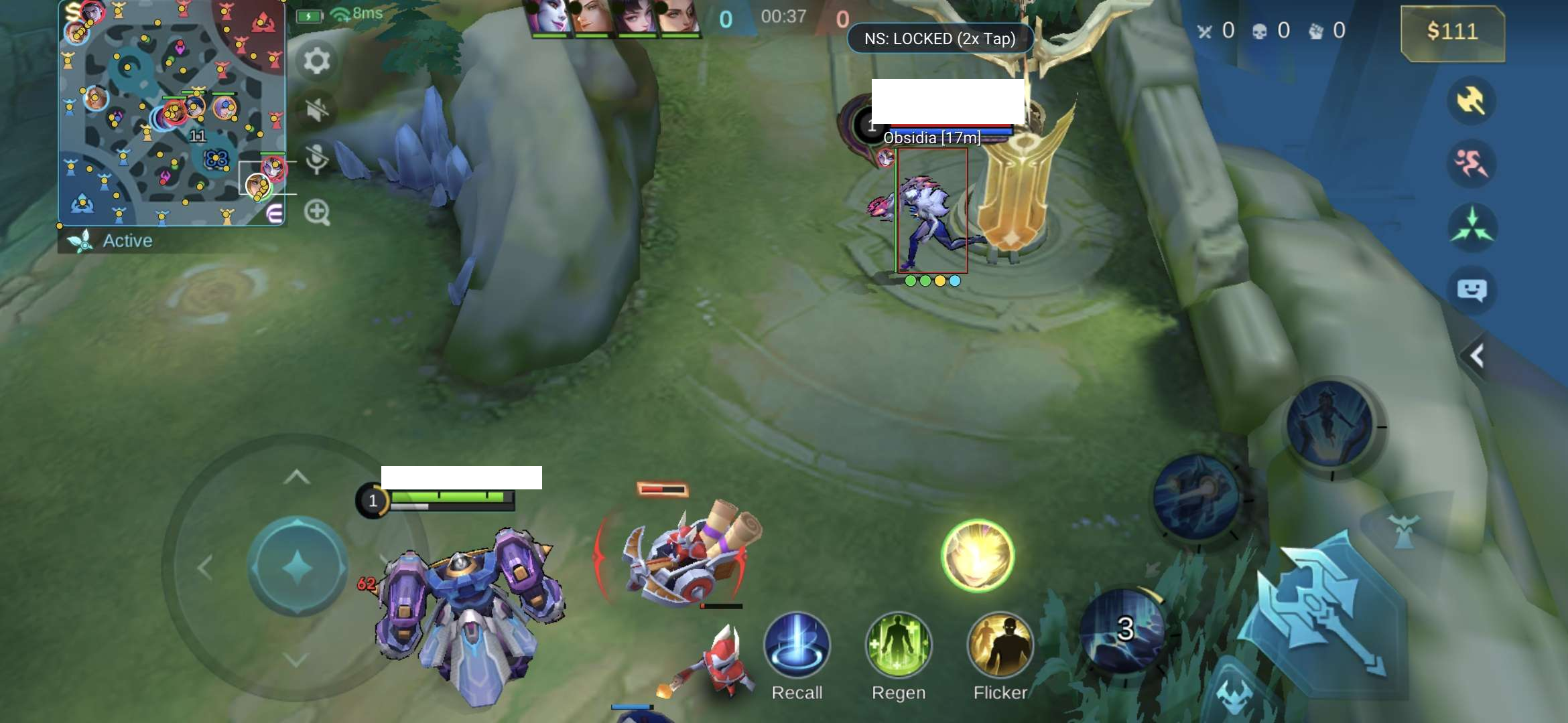 NightShift during a real MLBB match, showing extra minimap markers, a hero box with distance, and the locked overlay badge; player names are redacted