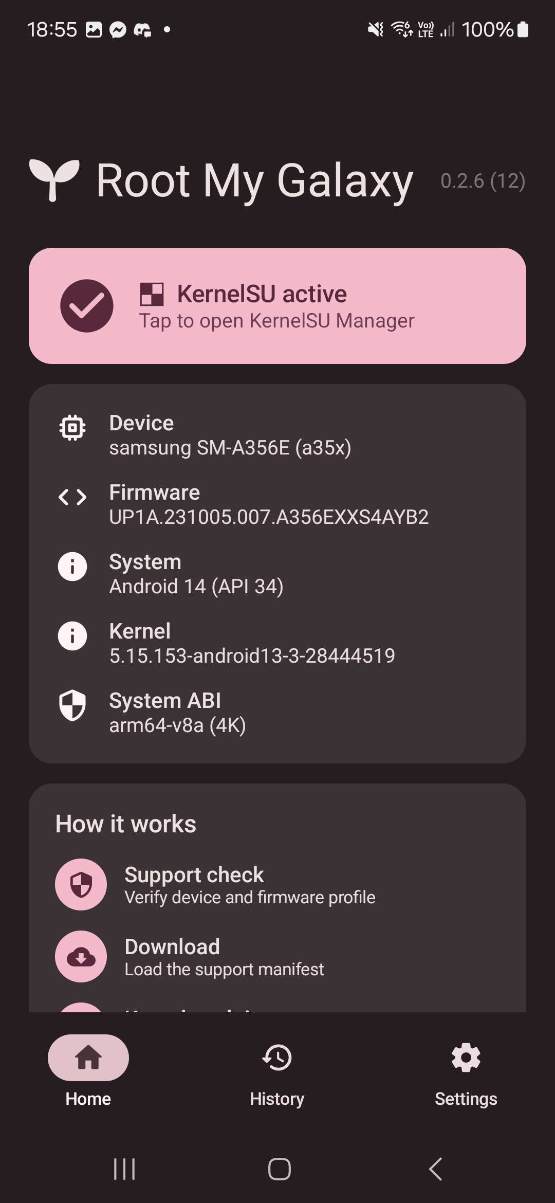 Root My Galaxy reporting KernelSU active on a Samsung SM-A356E with Android 14 and kernel 5.15.153